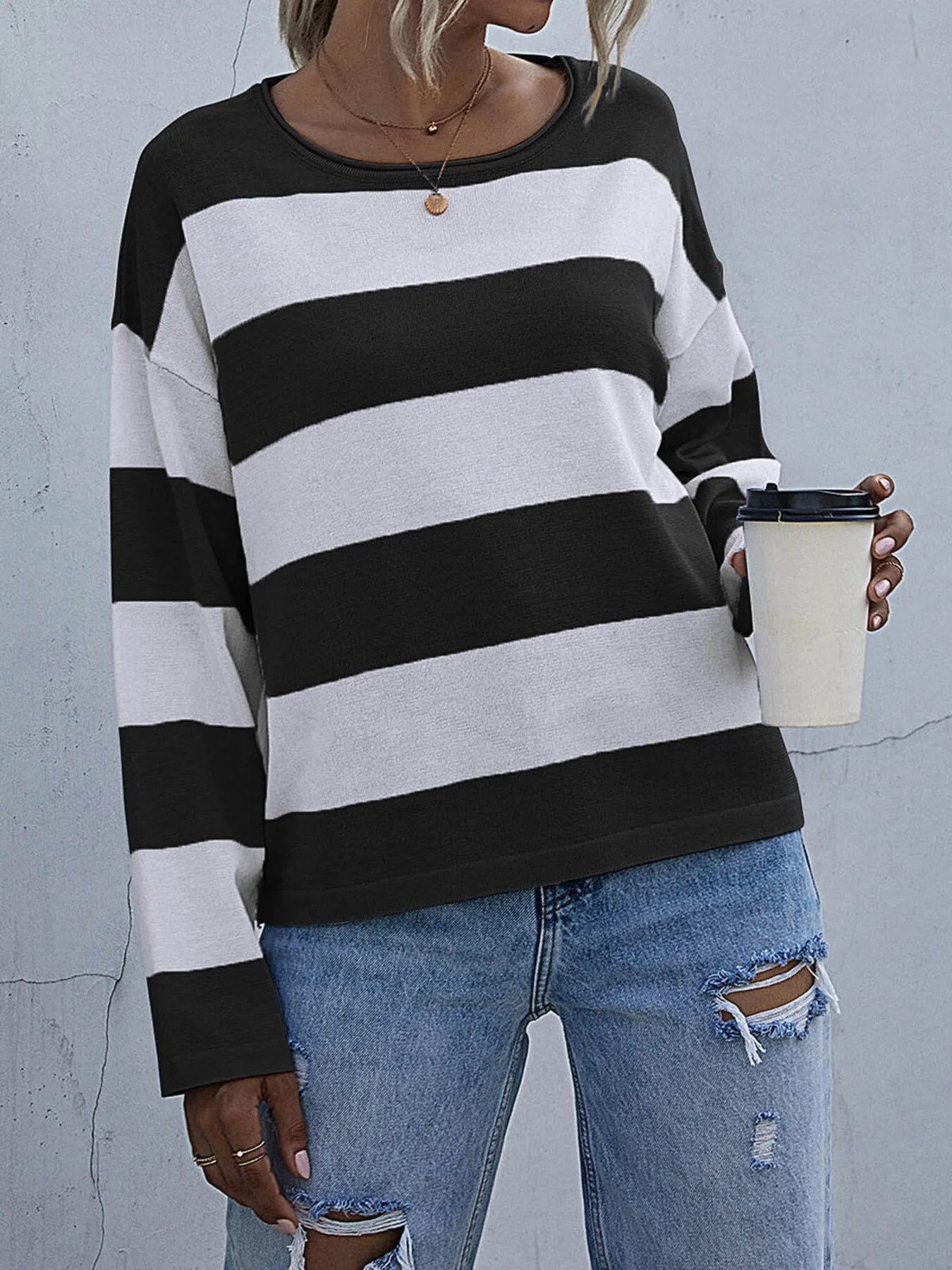 Striped Casual Long Sleeve Knit Top Black