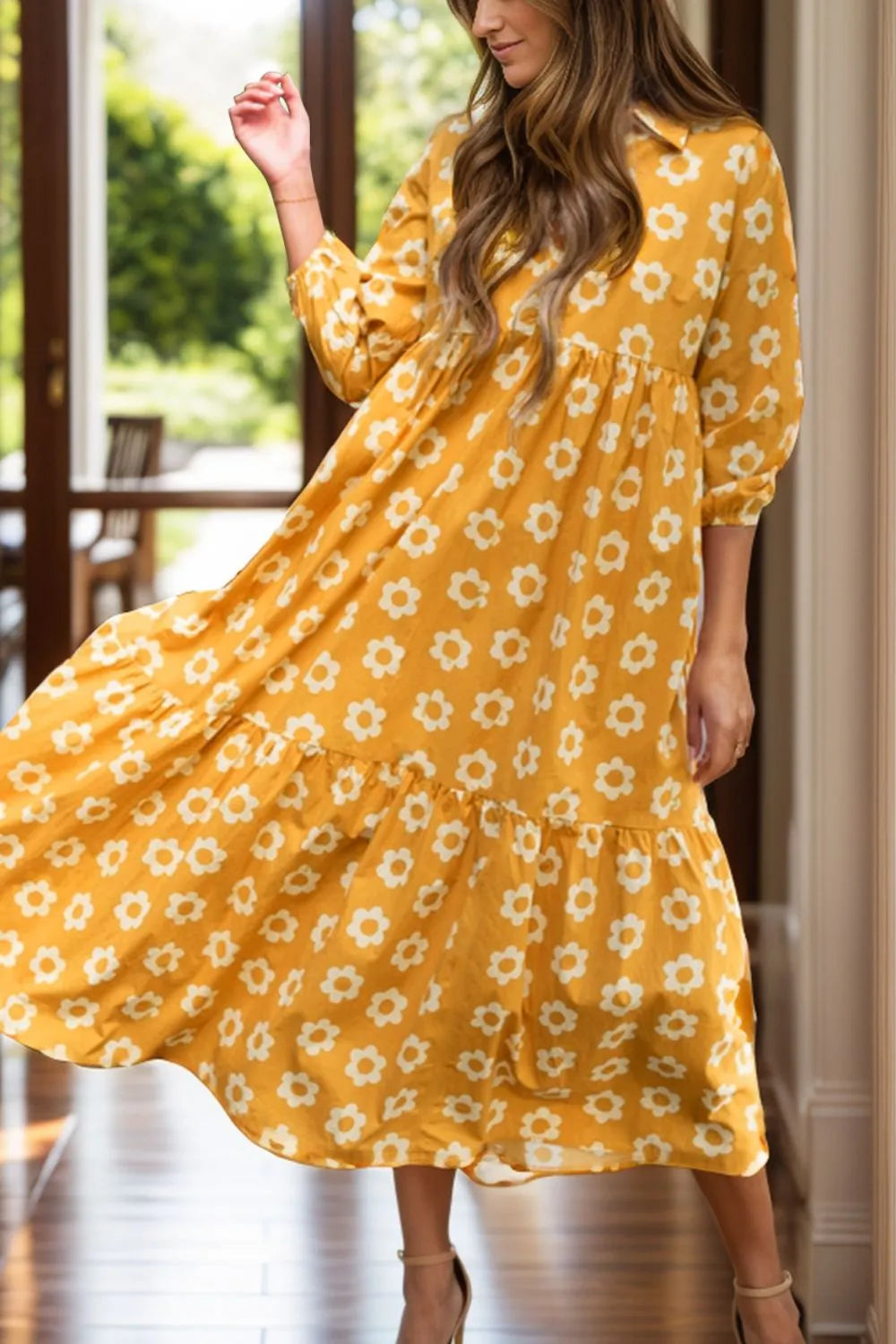 Floral Collared Neck Three-Quarter Sleeve Dress Gold
