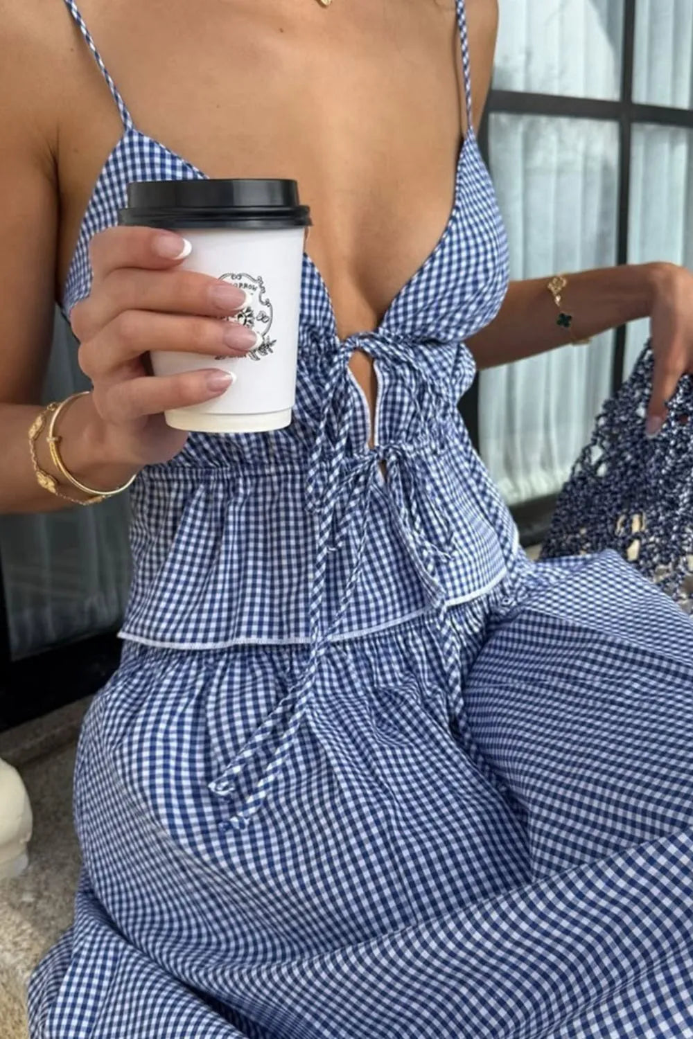 Plaid Tie Front Cami and Skirt Set