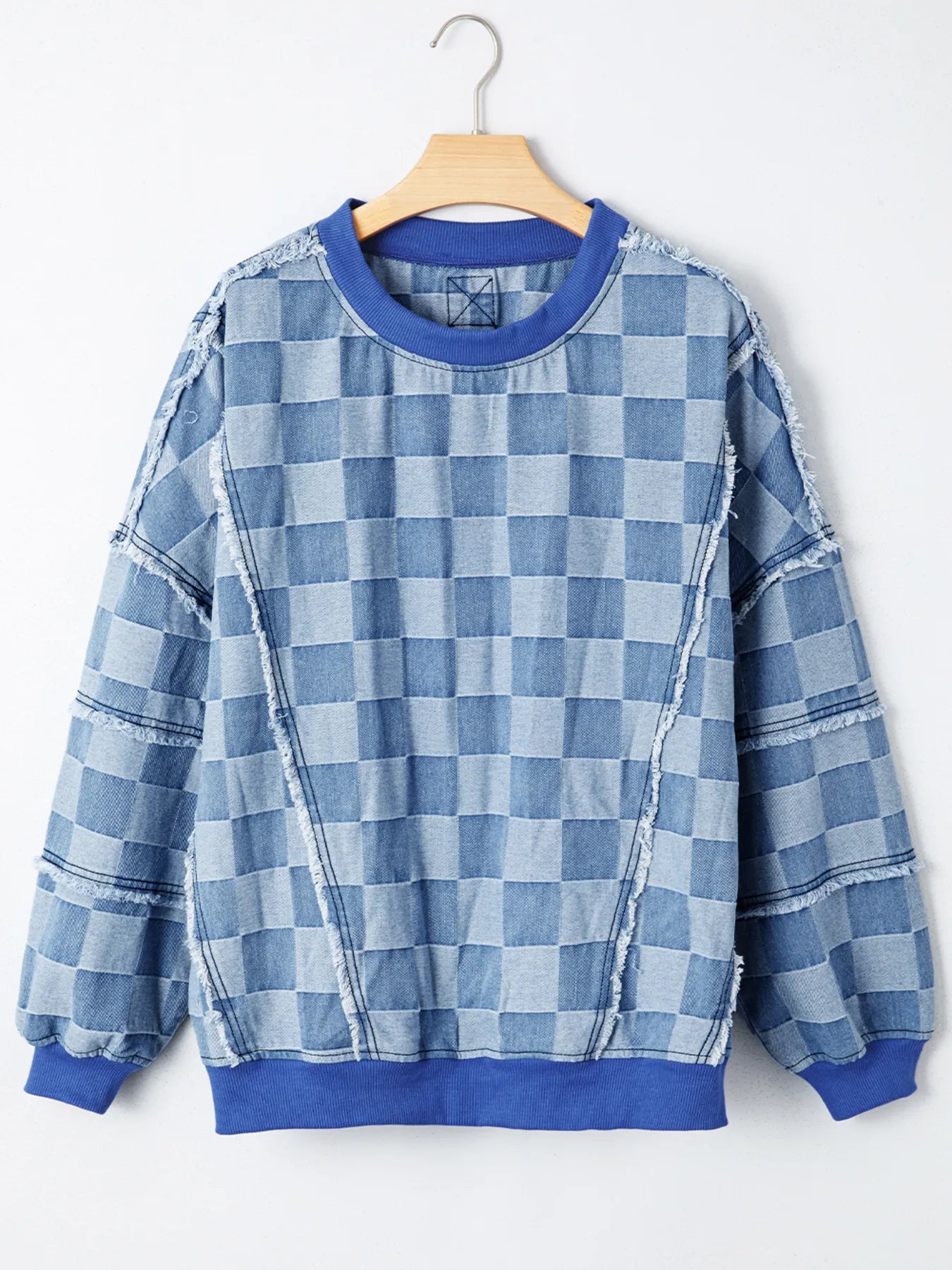 Checkerboard Splicing Raw Detail Oversized Denim Top
