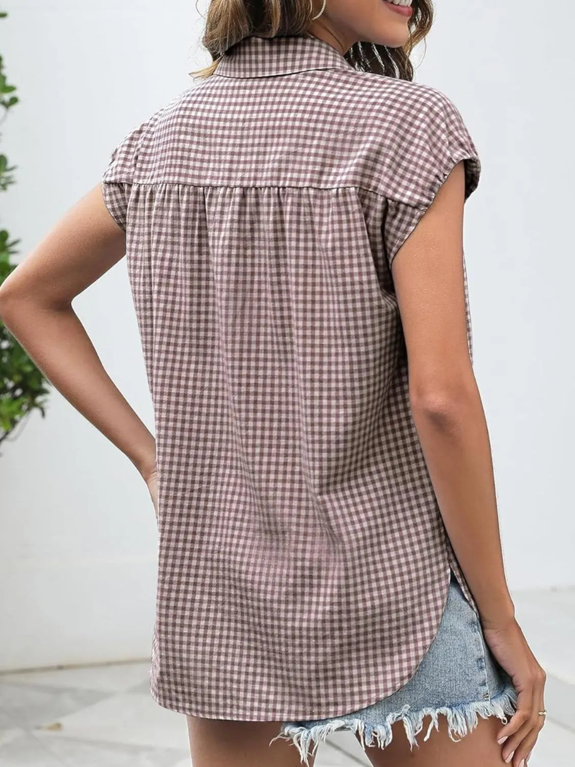 Plaid Button Up Cap Sleeve Shirt