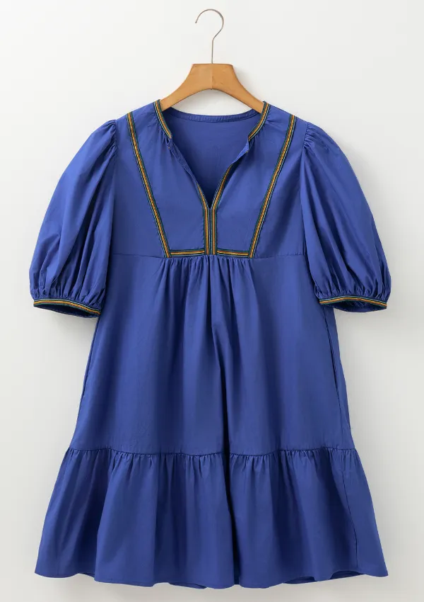 Notched Puff Sleeve Mini Dress