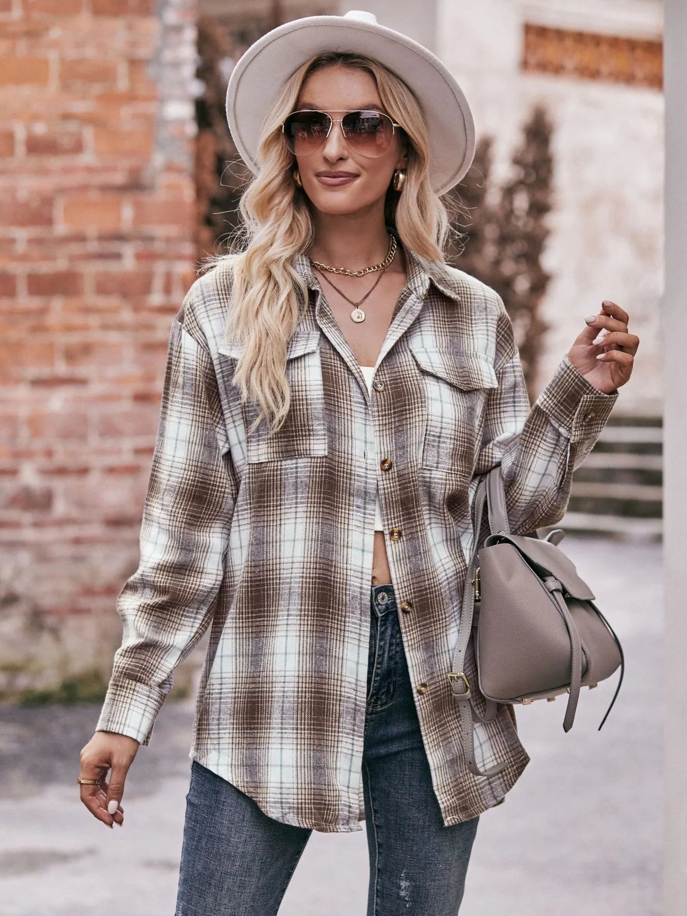 Plaid Button-Down Long Sleeve Shirt Coffee