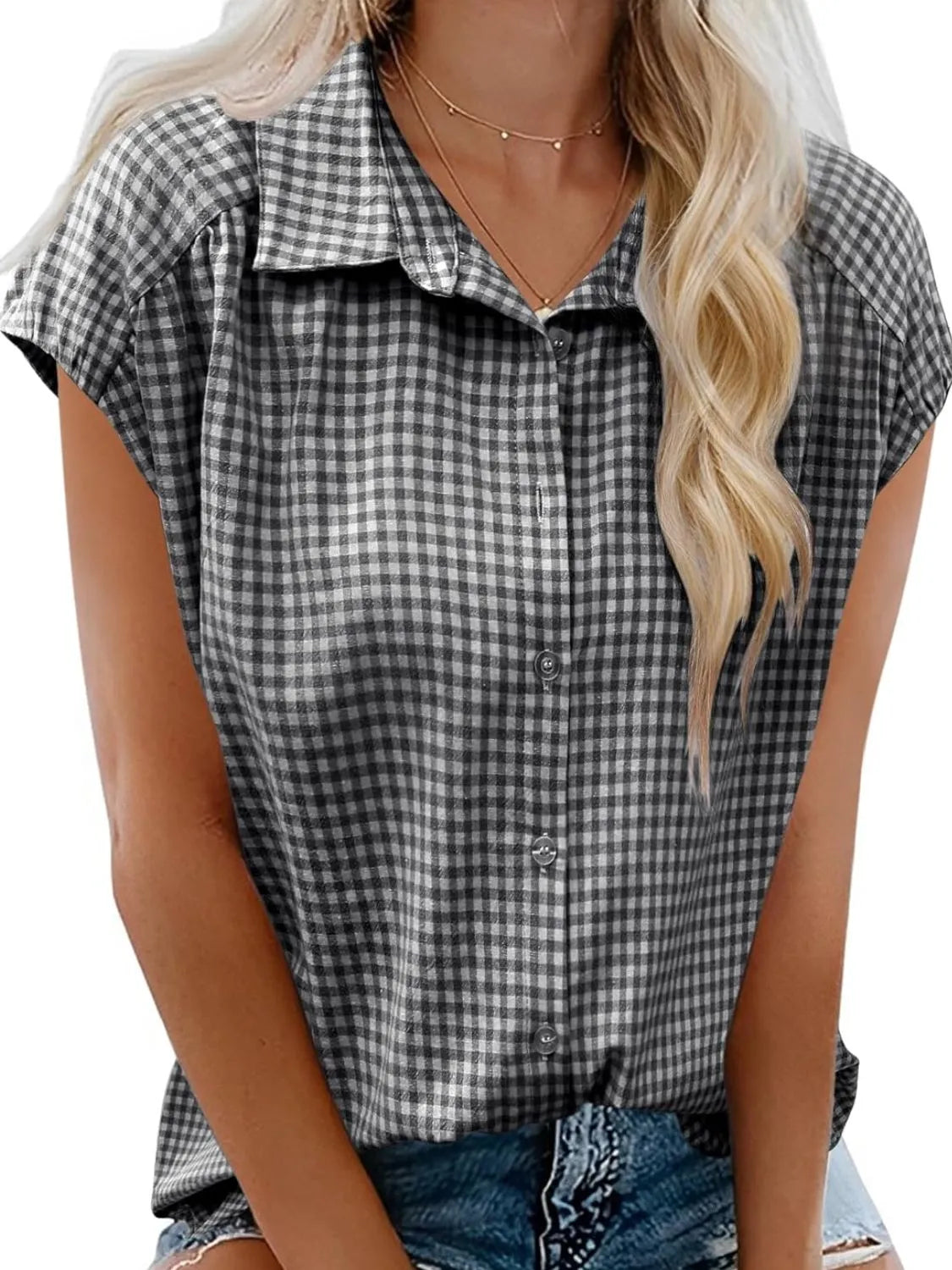 Plaid Button Up Cap Sleeve Shirt Black