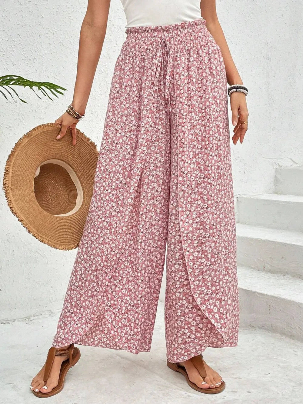 Tied Printed Wide Leg Pants Blush Pink