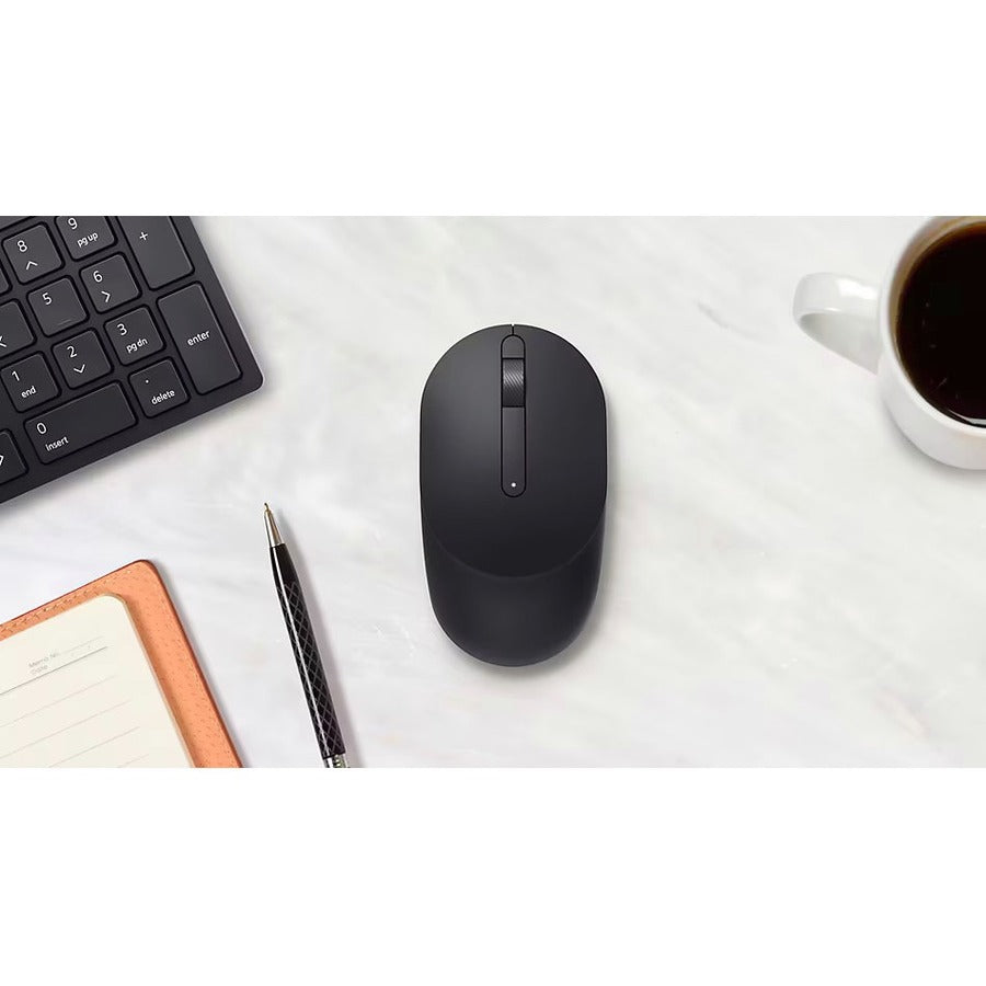 Dell MS300 Wireless Mouse on a sleek desk, featuring an ergonomic full-size design with 2.4 GHz wireless connectivity, ideal for enhancing productivity and comfort.