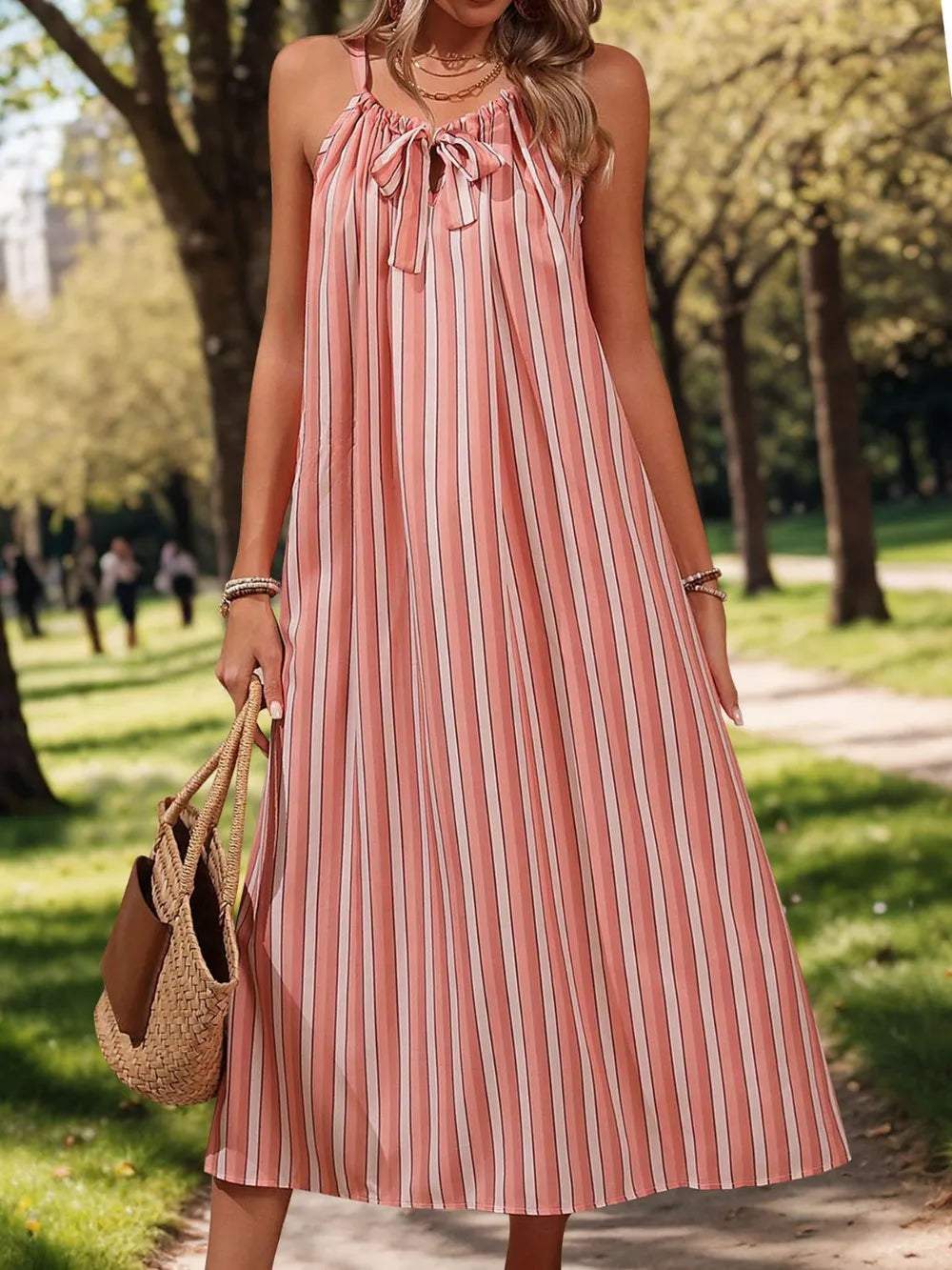 Perfee Striped Tie Neck Midi Cami Dress Burnt Coral