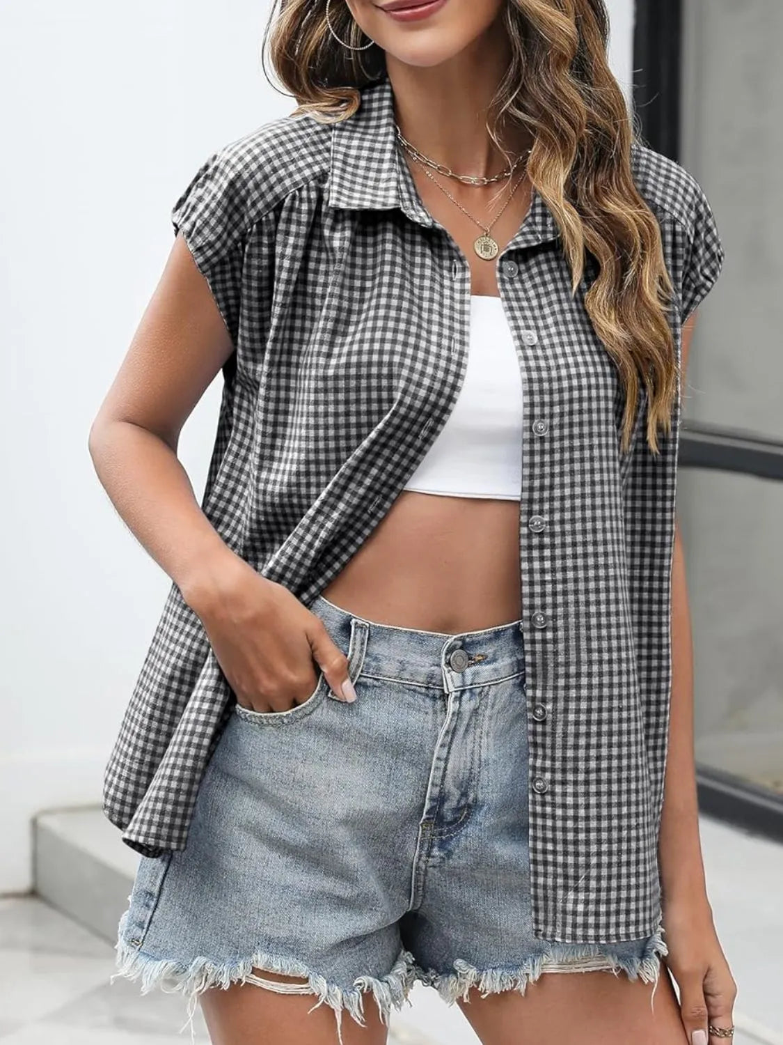 Plaid Button Up Cap Sleeve Shirt