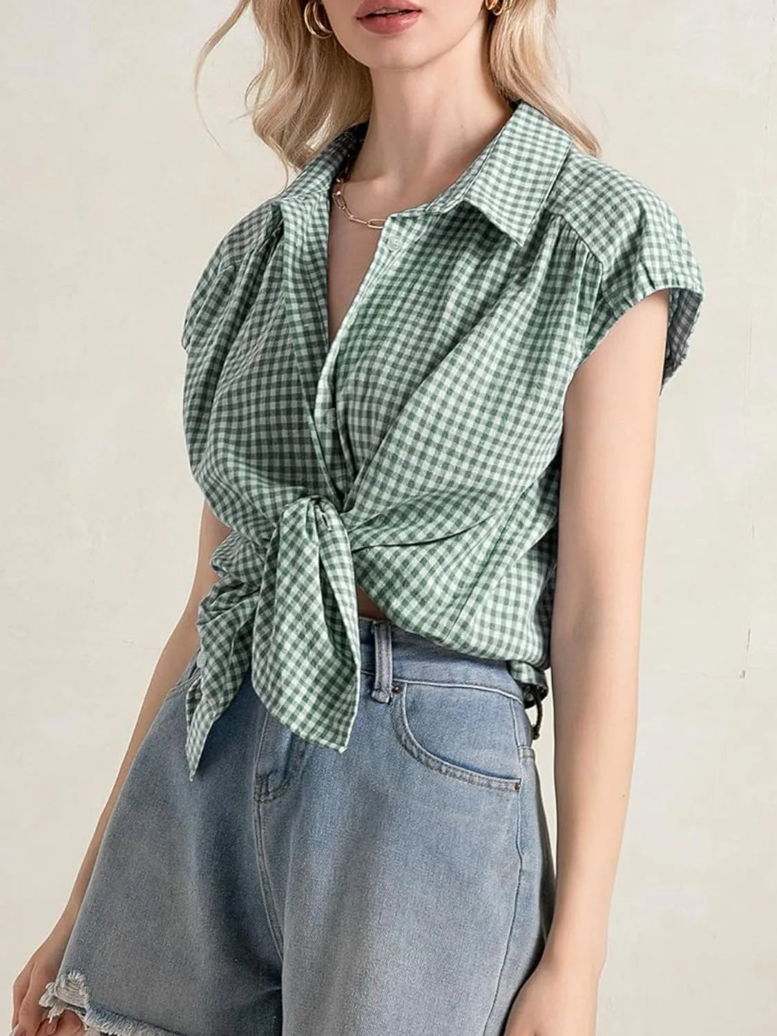 Plaid Button Up Cap Sleeve Shirt