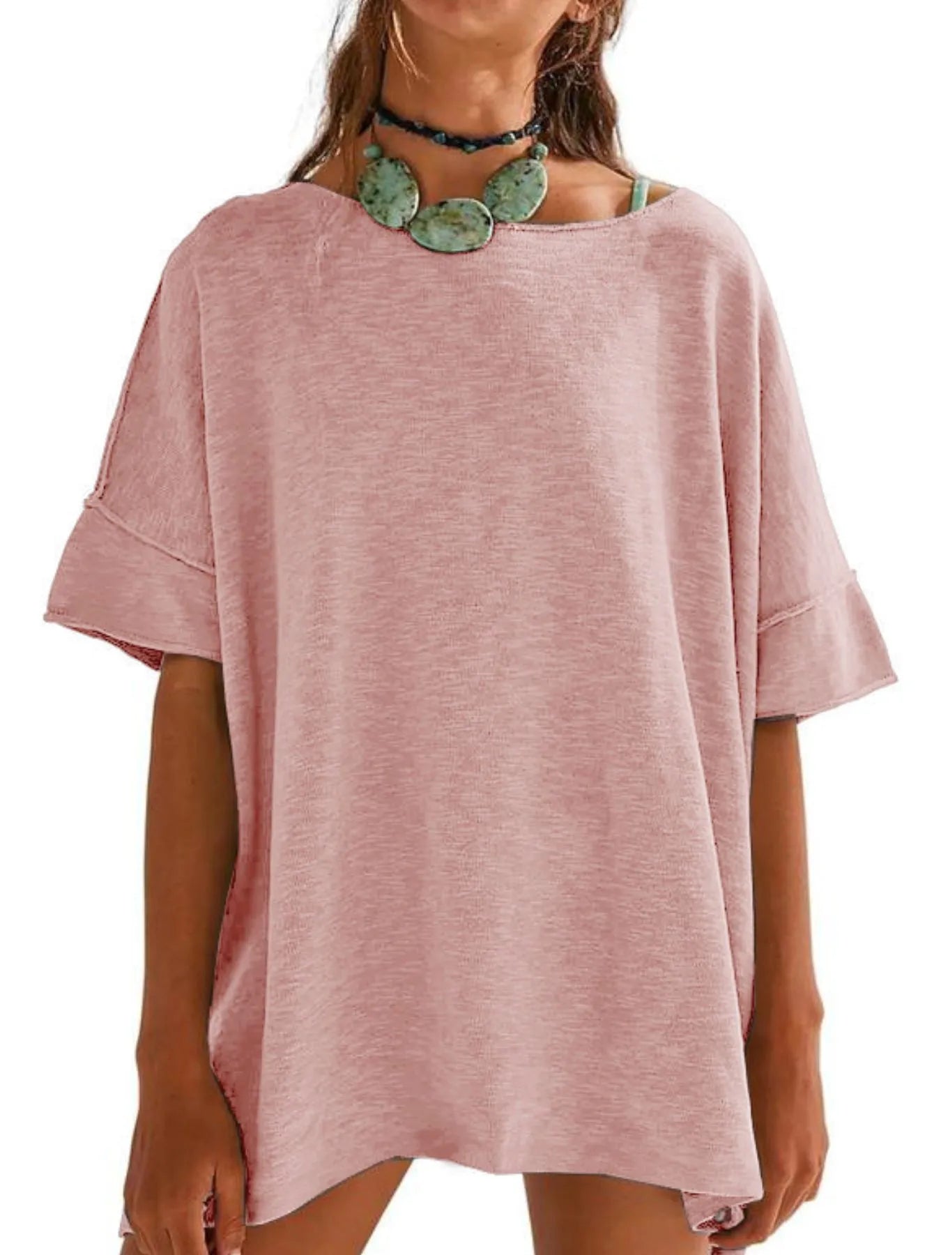 Oversized Round Neck Drop-Shoulder T-Shirt Pink