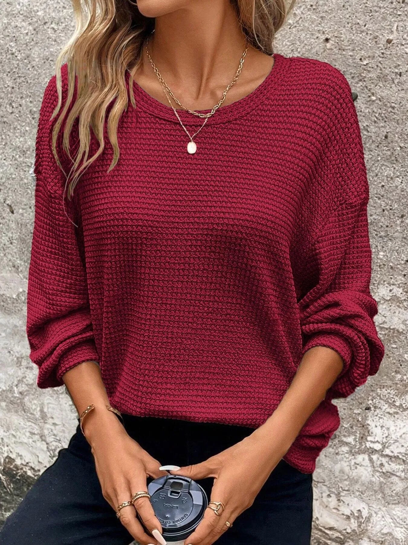 Plus Size Relaxed Fit Waffle Knit Round Neck T-Shirt Burgundy