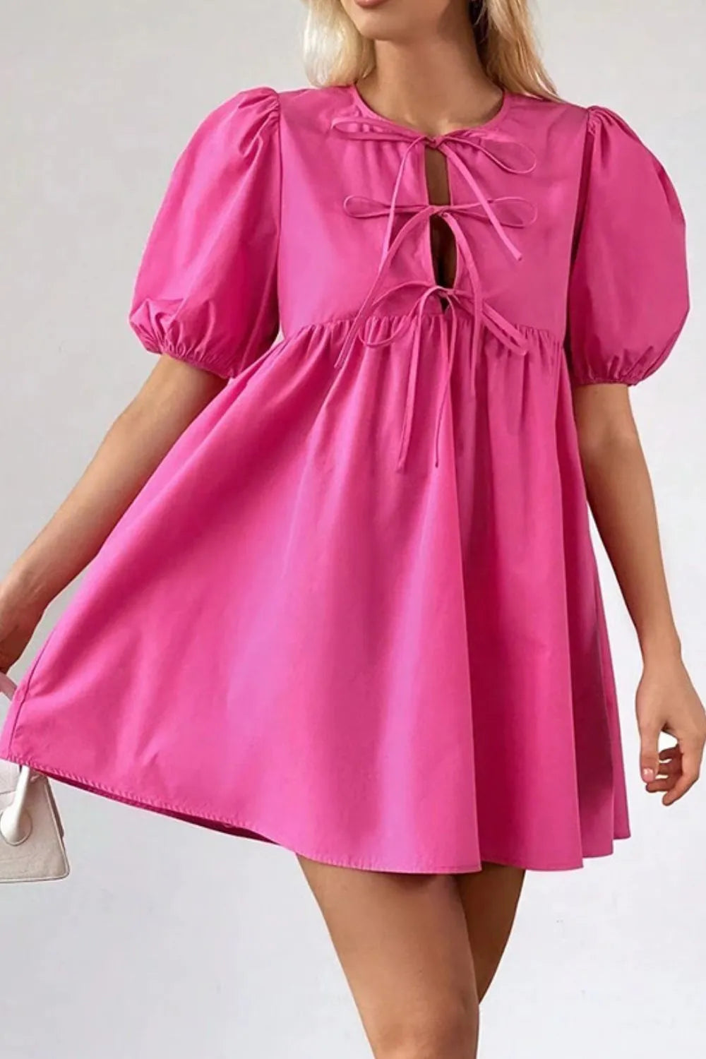 Puff Sleeve Tie Front High Waist Mini Dress