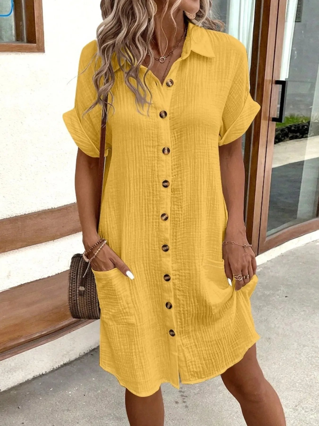 Textured Button-Front Shirt Dress
