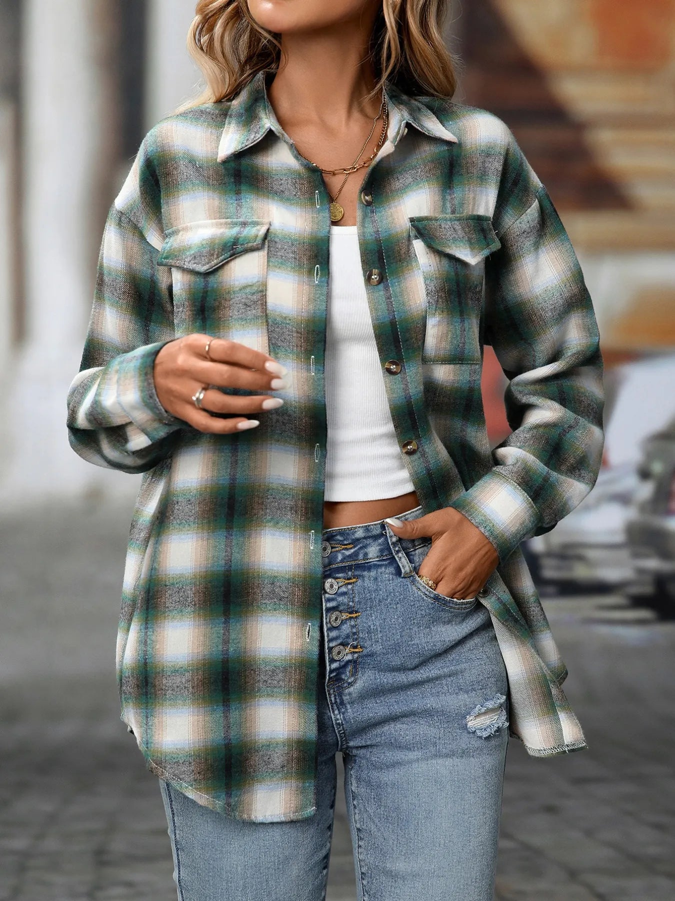Oversized Plaid Button-Up Shirt Dark Green