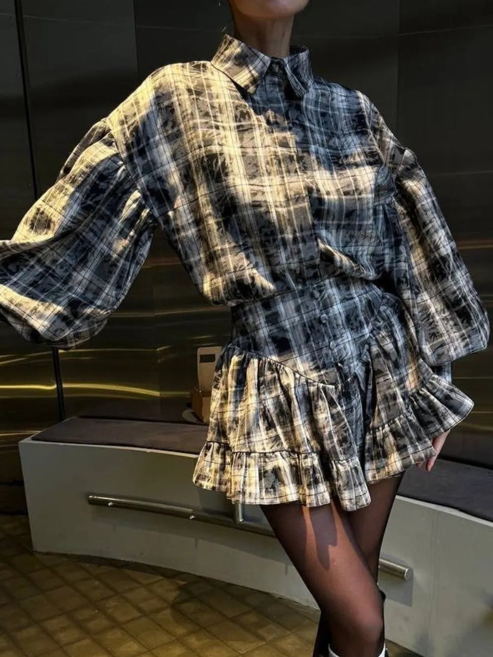 Lantern Sleeve Shirt and Ruffled Skirt Set