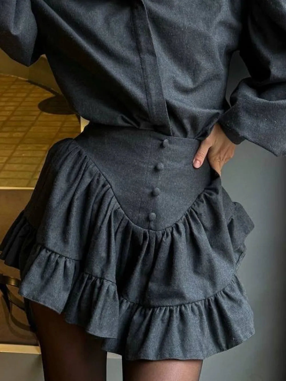 Lantern Sleeve Shirt and Ruffled Skirt Set