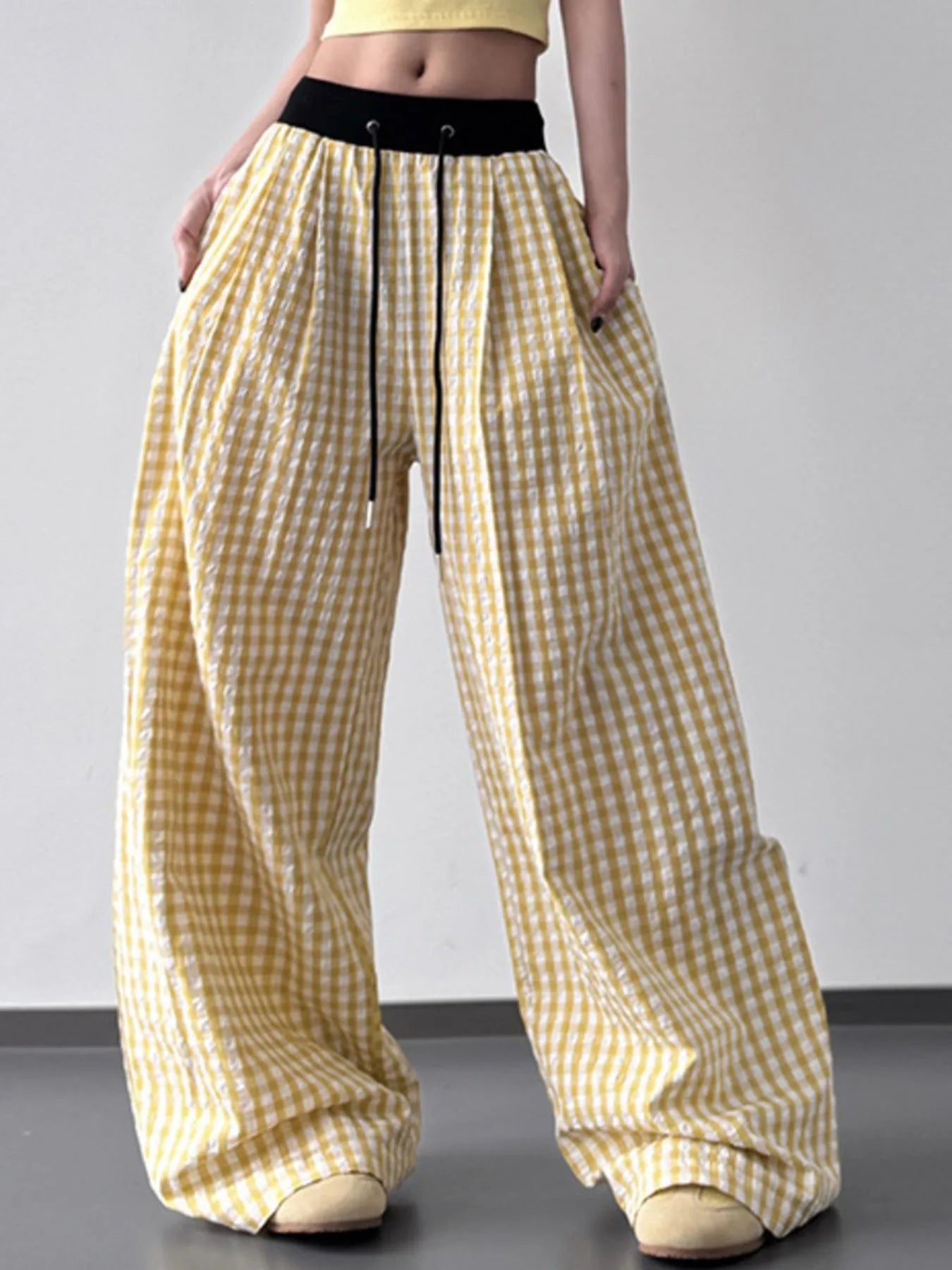 Gingham Wide Leg Drawstring Pants