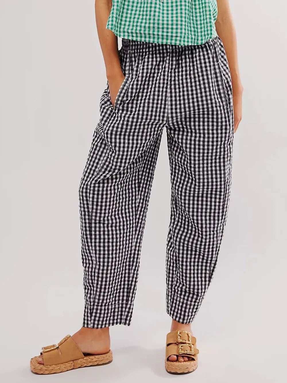 Plaid Elastic Waist Pants Black