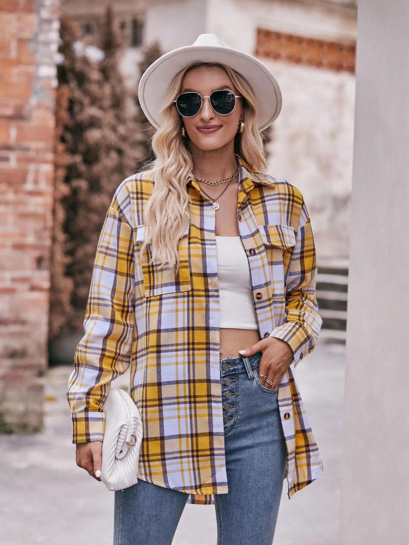 Plaid Button-Down Long Sleeve Shirt Yellow