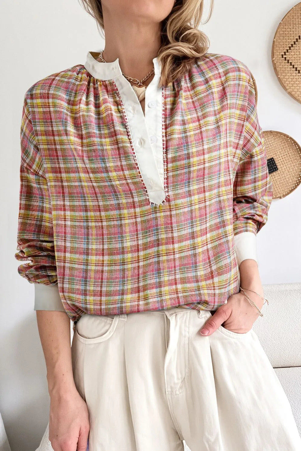Mulit-Color Plaid Round Neck Long Sleeve Blouse Dusty Pink