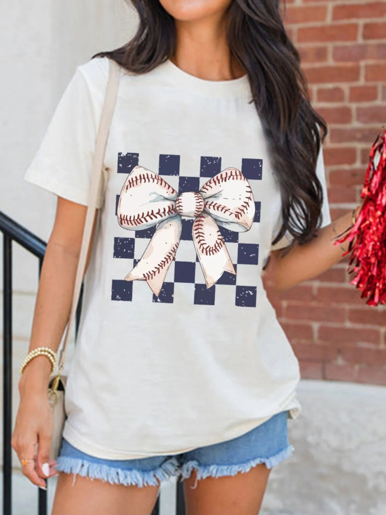 Checkered Bowknot Graphic Crew Neck T Shirt