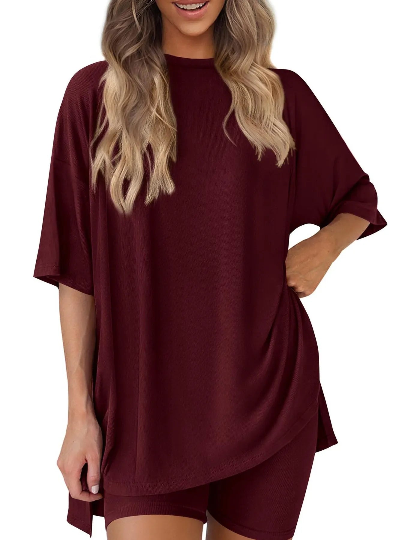 Full Size Oversized Round Neck Top and Shorts Set Plus Size Burgundy