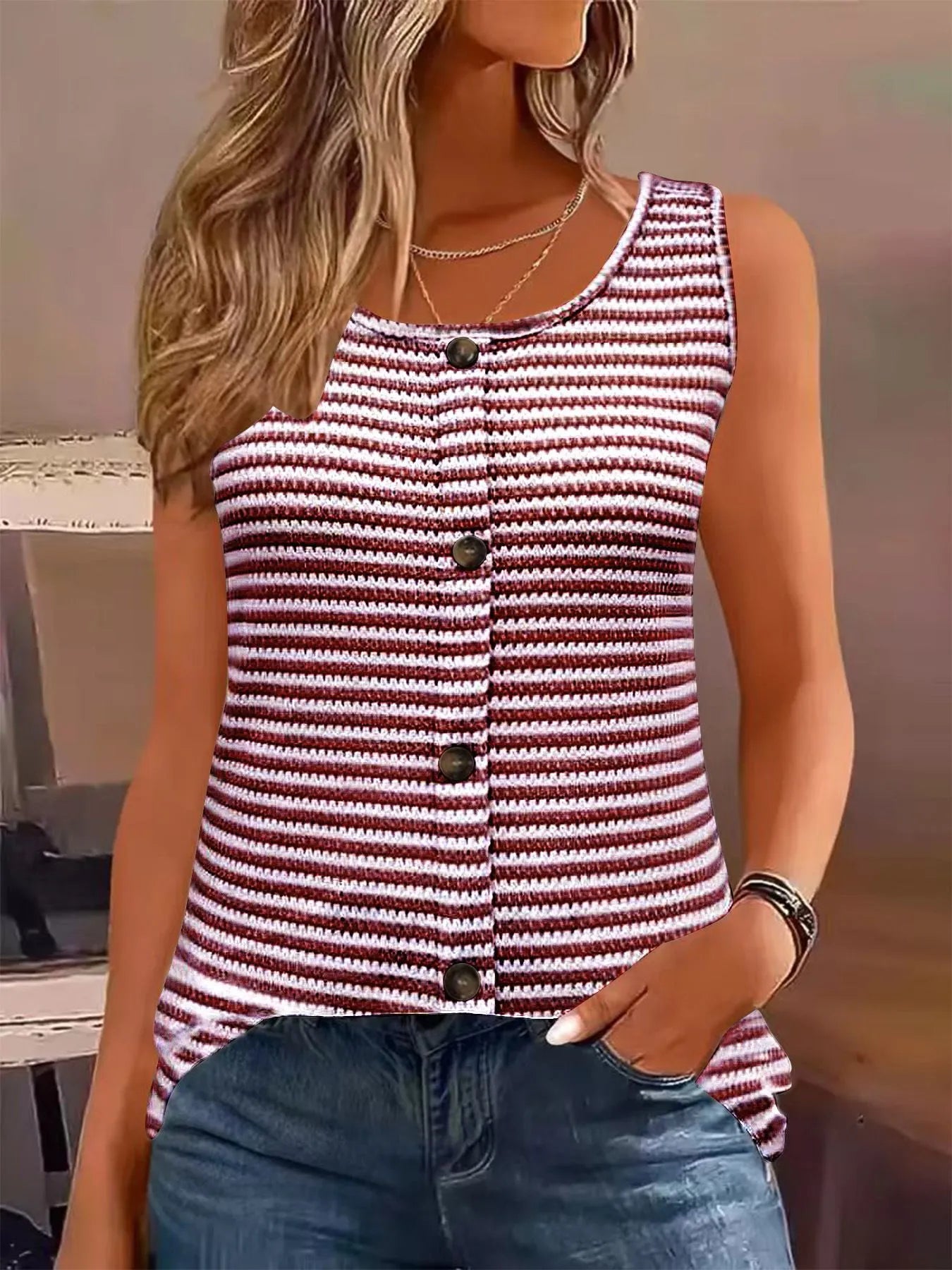 Striped Round Neck Tank Top Burgundy