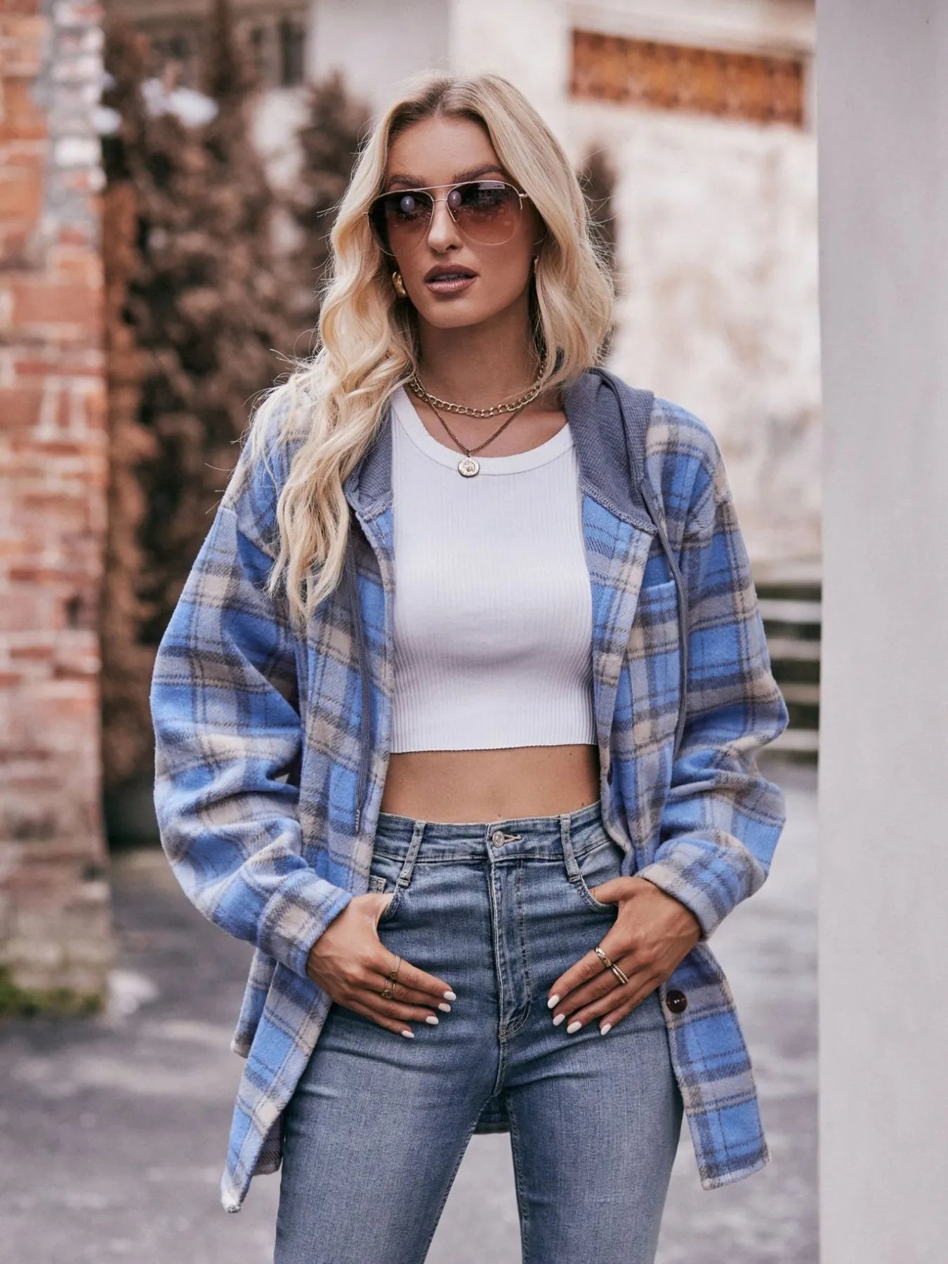 Oversized Plaid Button Up Shacket Light Blue
