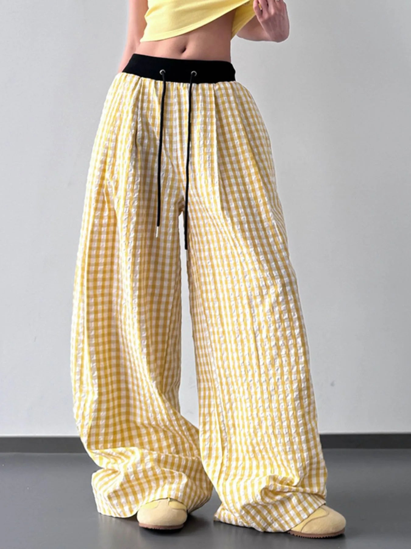 Gingham Wide Leg Drawstring Pants Yellow