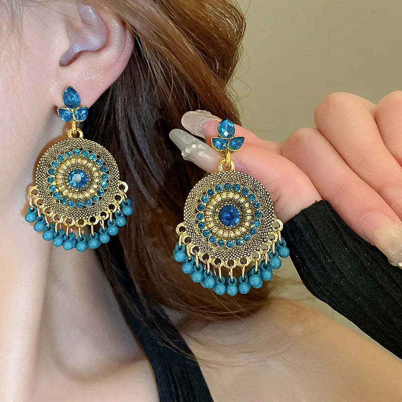 Rhinestone Alloy Bead Dangle Earrings Cerulean One Size