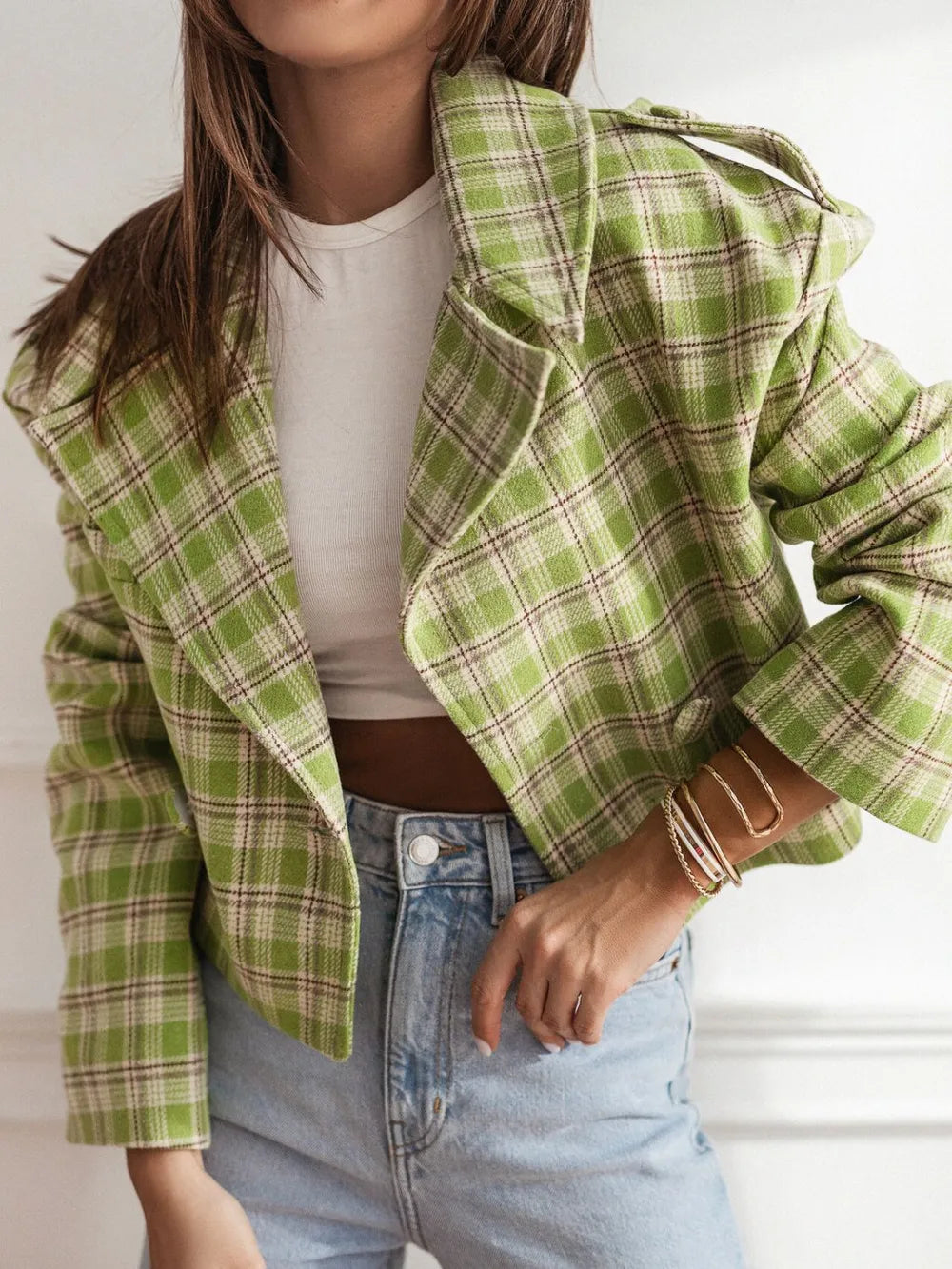 Lapel Collar Plaid Cropped Jacket Lime
