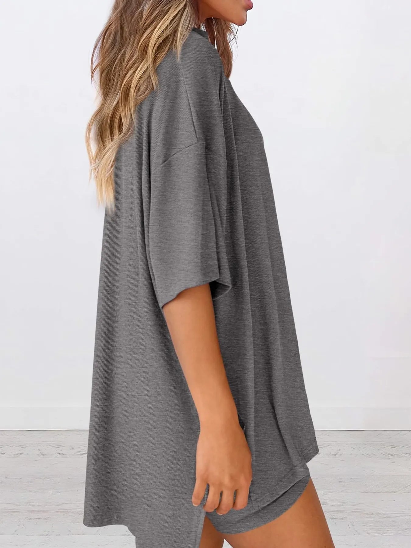 Full Size Oversized Round Neck Top and Shorts Set Plus Size