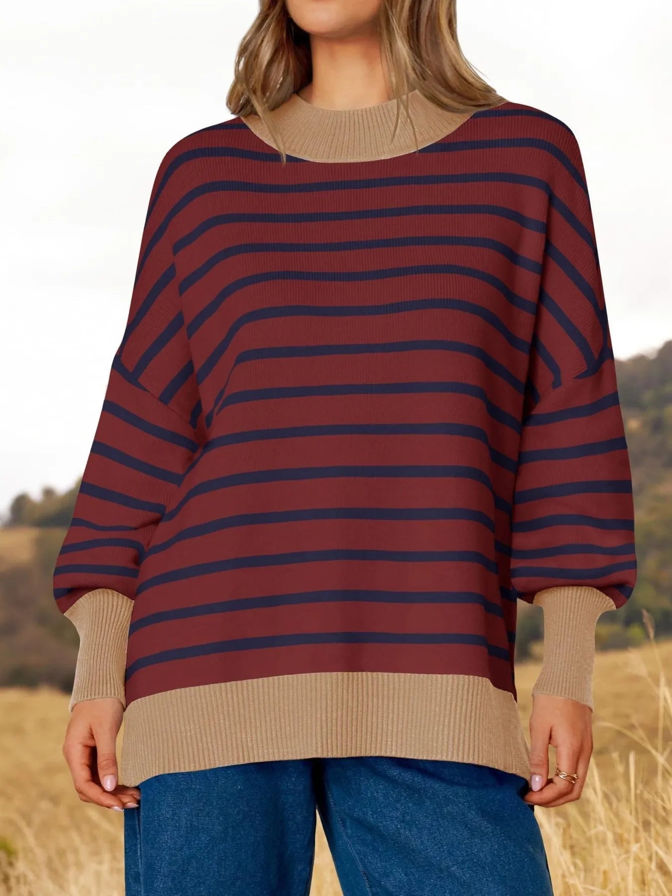 Striped Round Neck Long Sleeve Sweater Wine Red