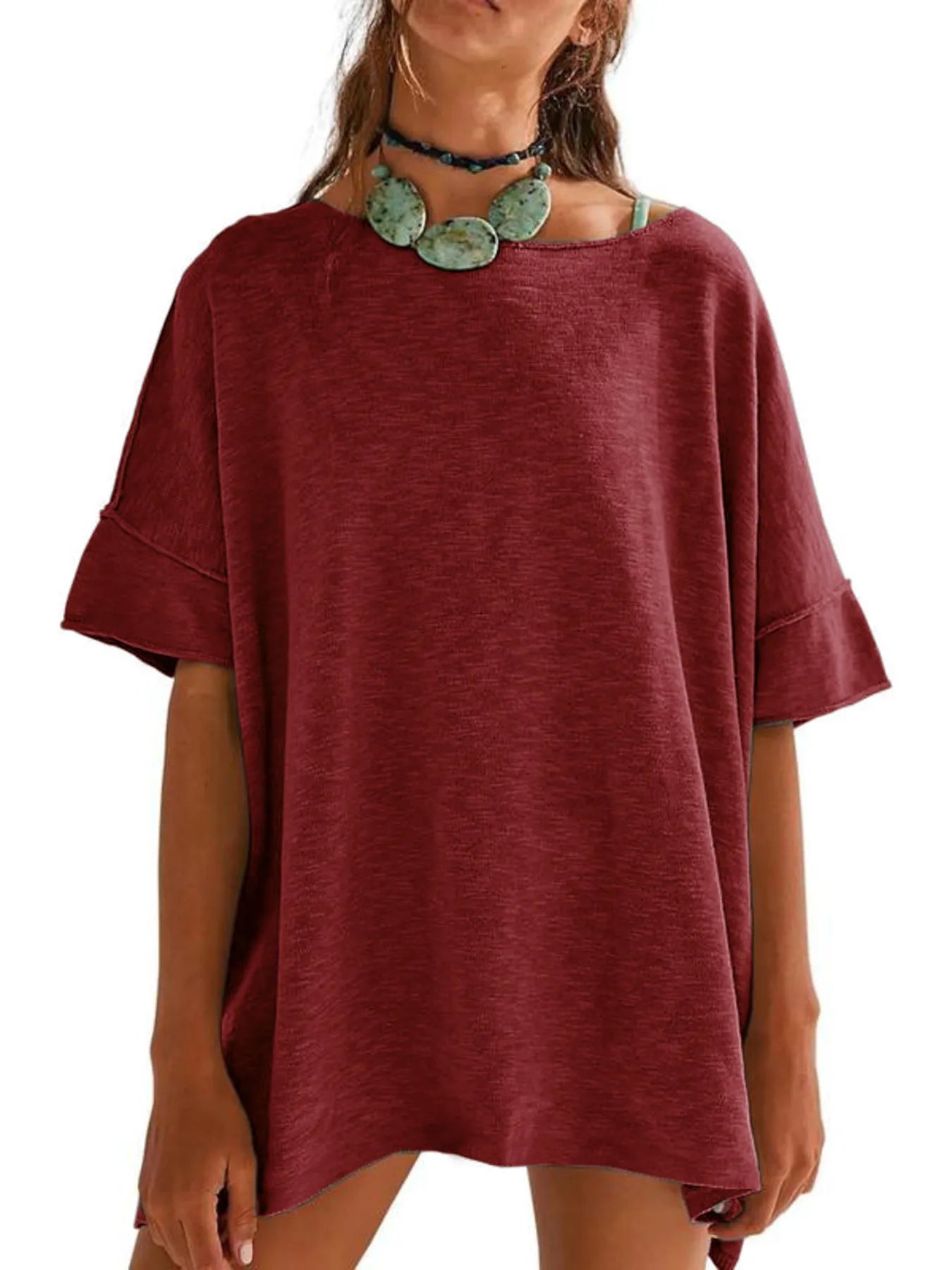 Oversized Round Neck Drop-Shoulder T-Shirt Burgundy
