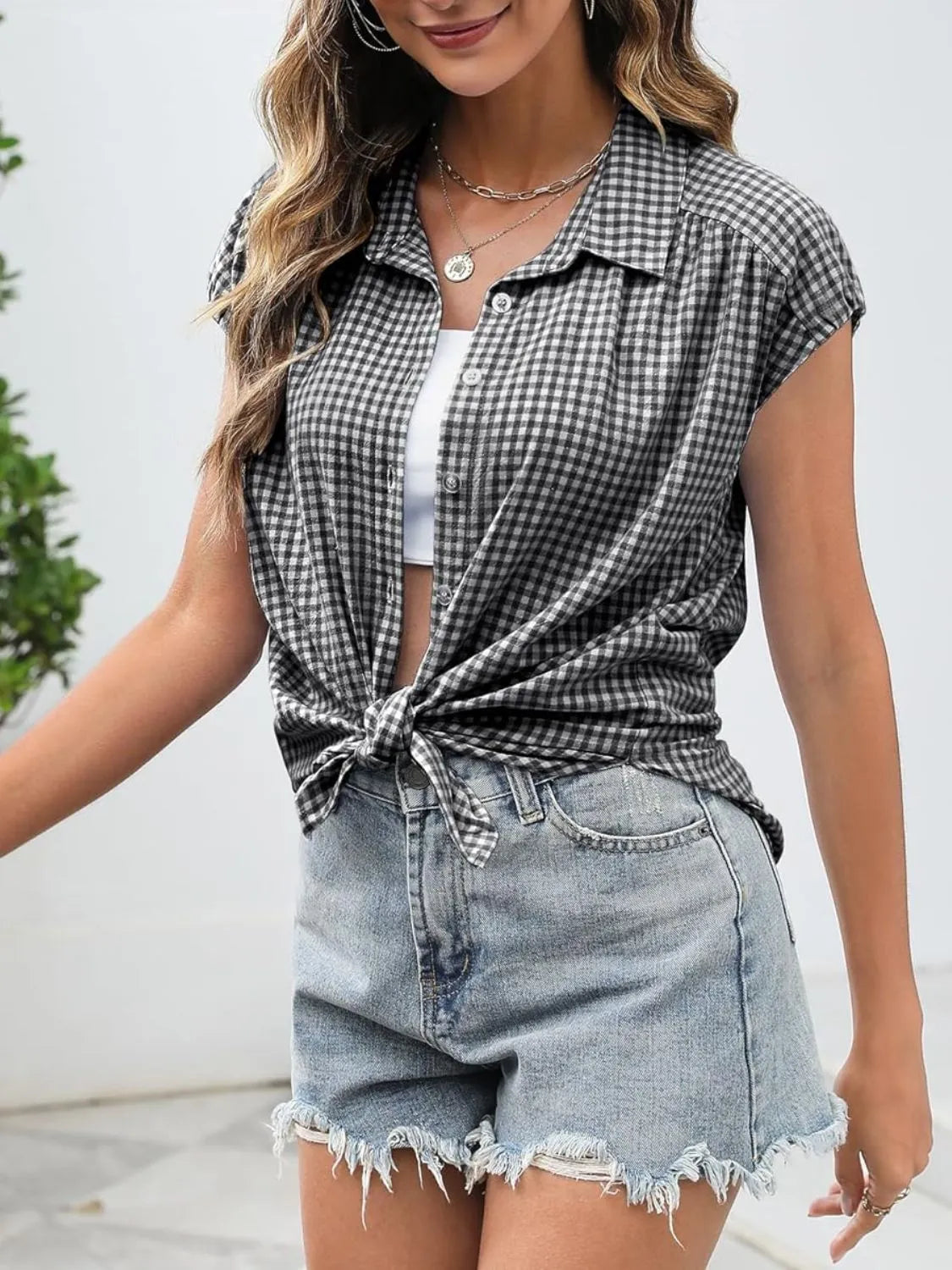 Plaid Button Up Cap Sleeve Shirt