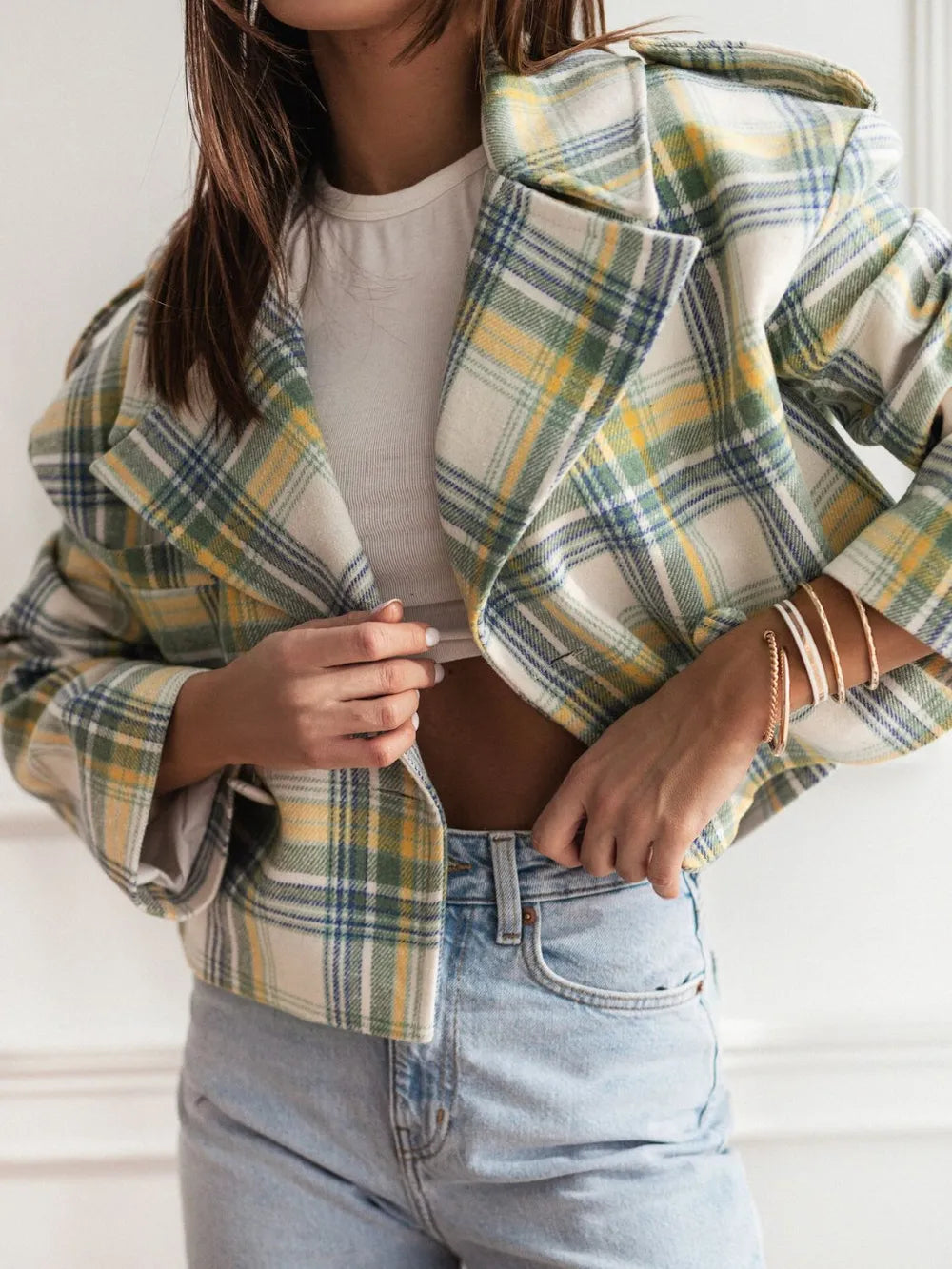 Lapel Collar Plaid Cropped Jacket Light Yellow