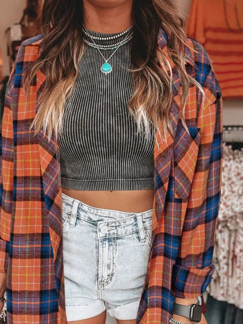 Plaid Collared Neck Long Sleeve Shirt Orange