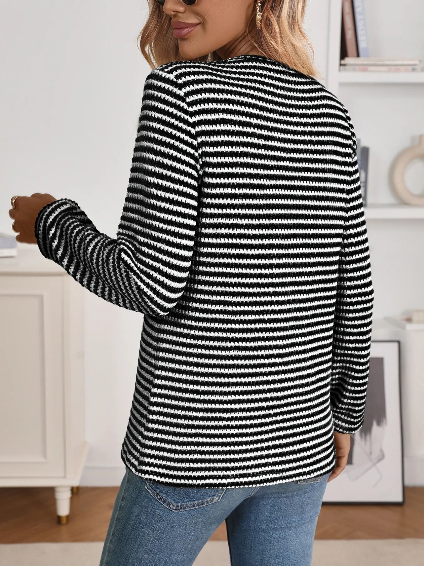 Striped Button Detail Long Sleeve Top
