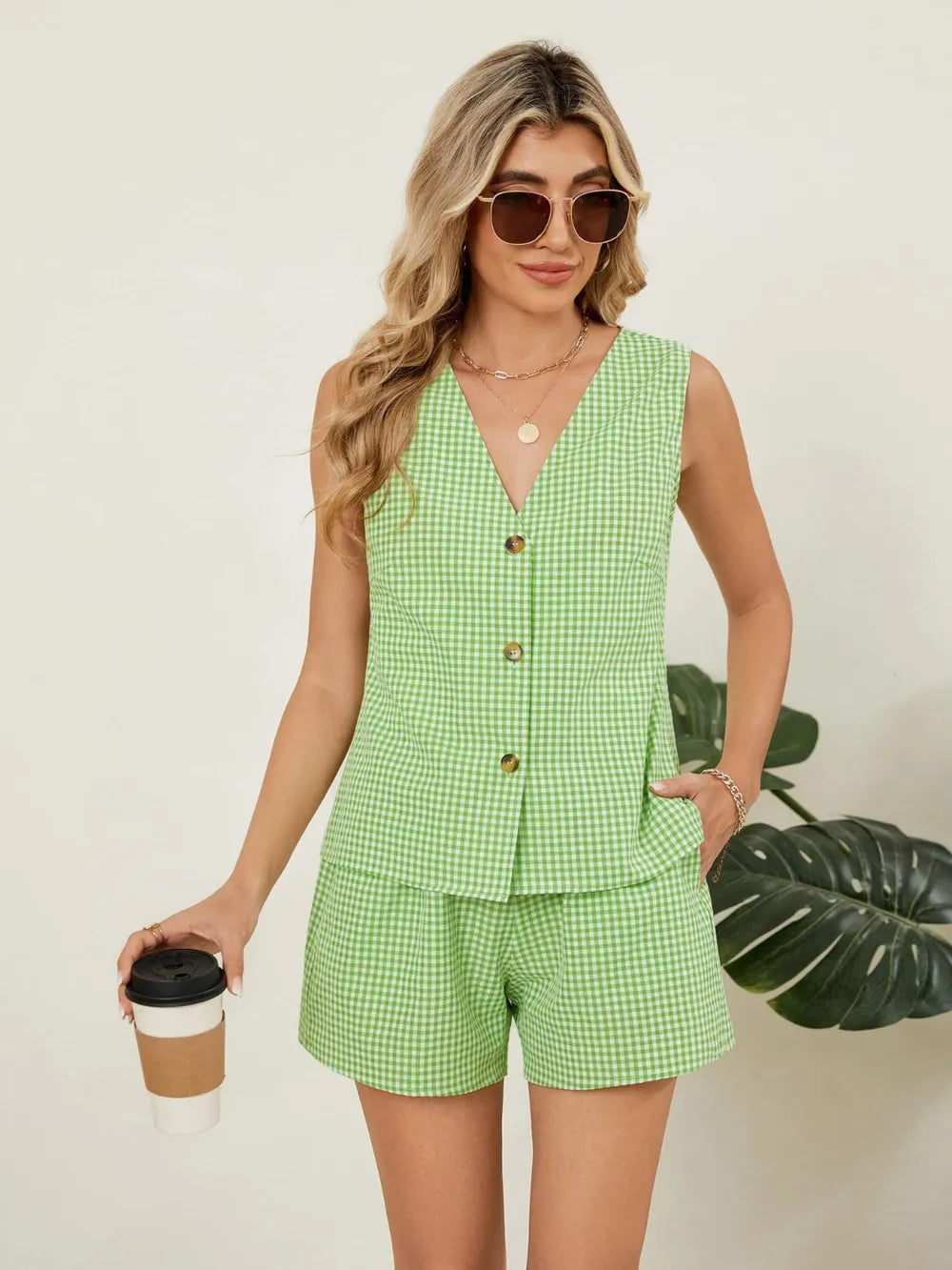 Plaid V-Neck Sleeveless Top and Shorts Set Green