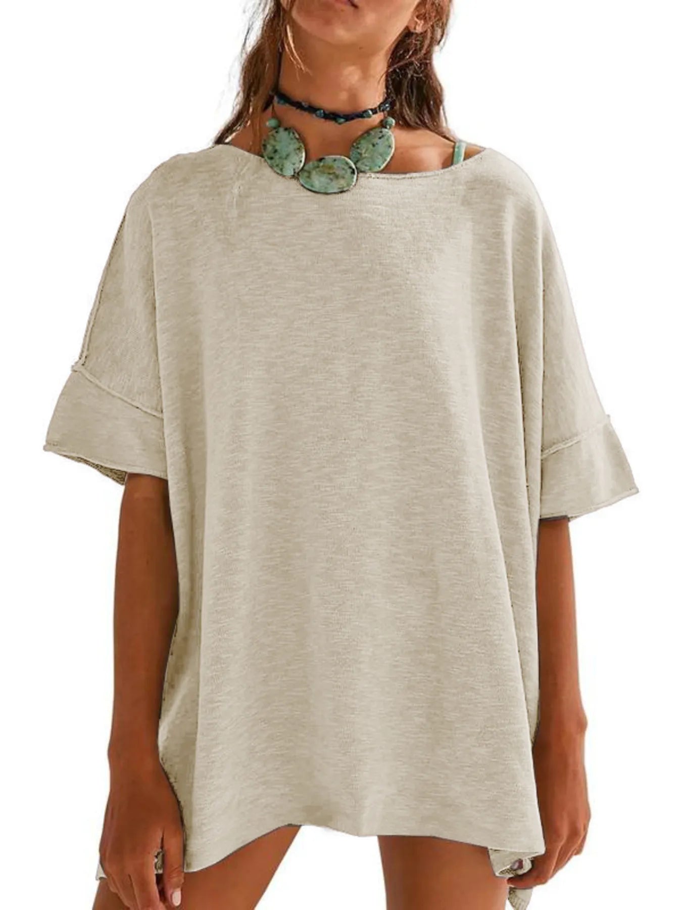Oversized Round Neck Drop-Shoulder T-Shirt Khaki