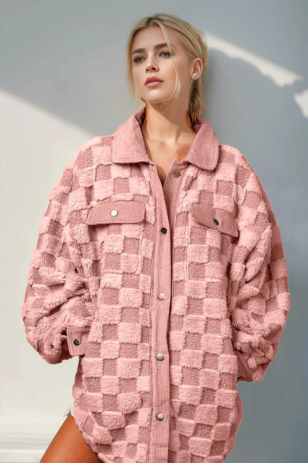 Double Take Button Up Fuzzy Checkered Shacket Dusty Pink