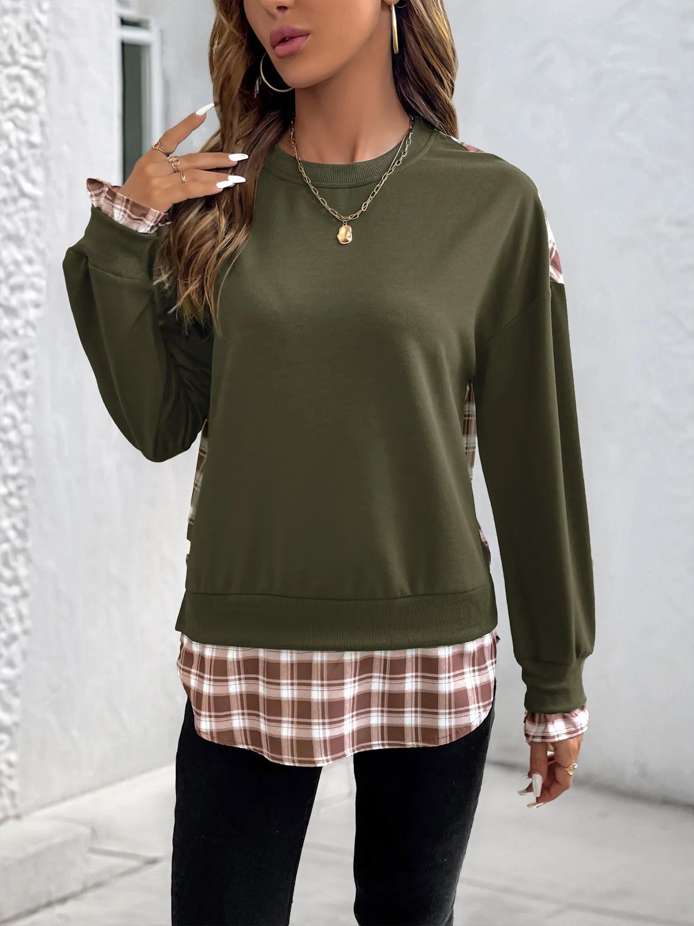 Plaid Long Sleeve Sweatshirt Army Green