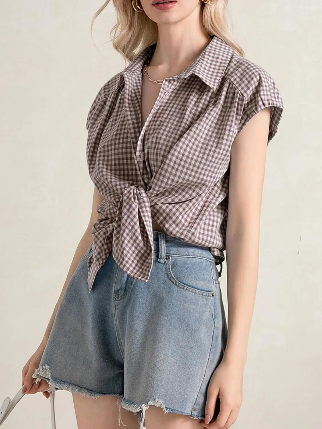 Plaid Button Up Cap Sleeve Shirt