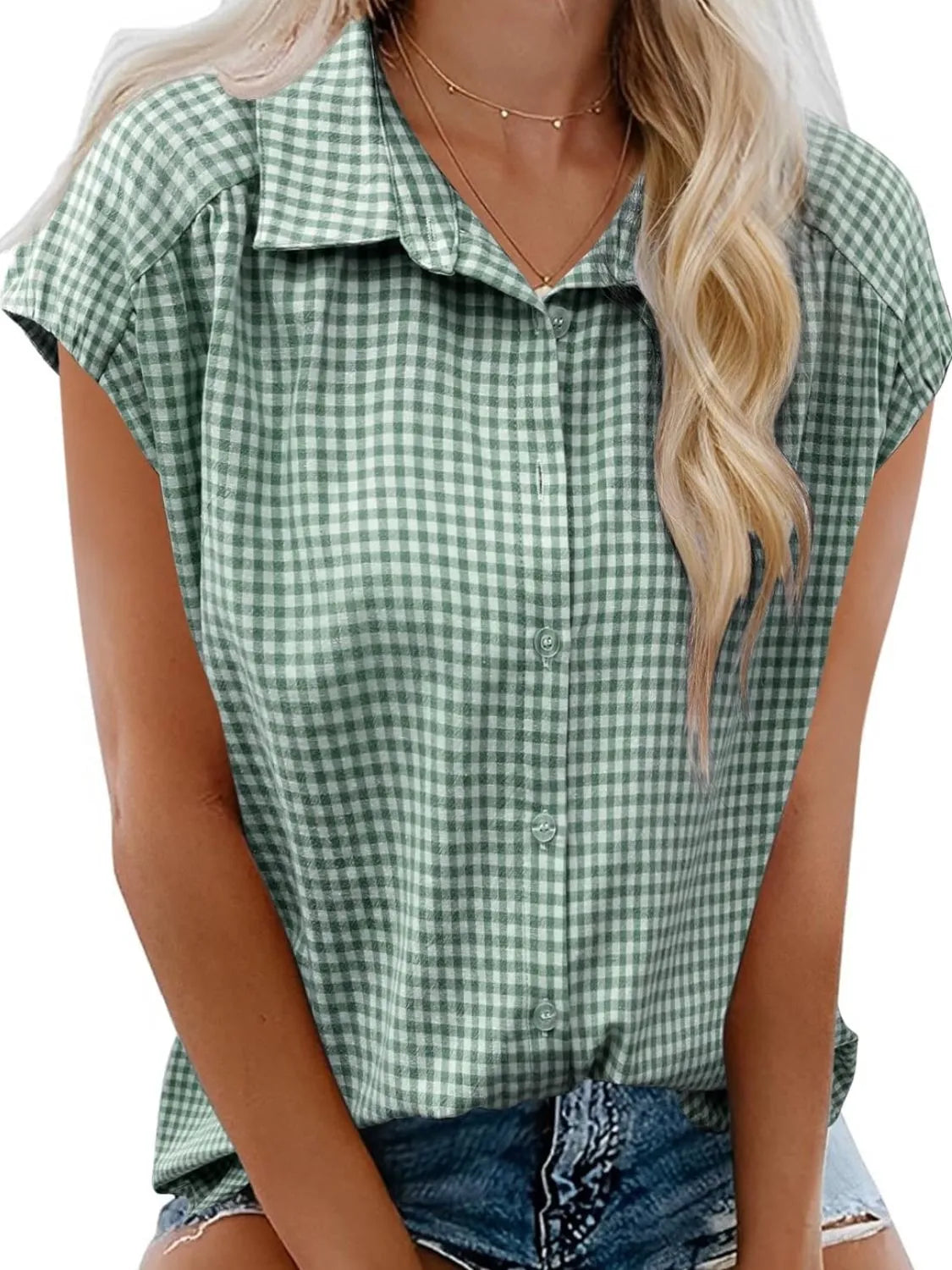 Plaid Button Up Cap Sleeve Shirt Gum Leaf