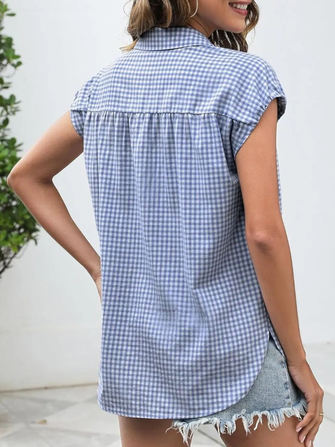 Plaid Button Up Cap Sleeve Shirt