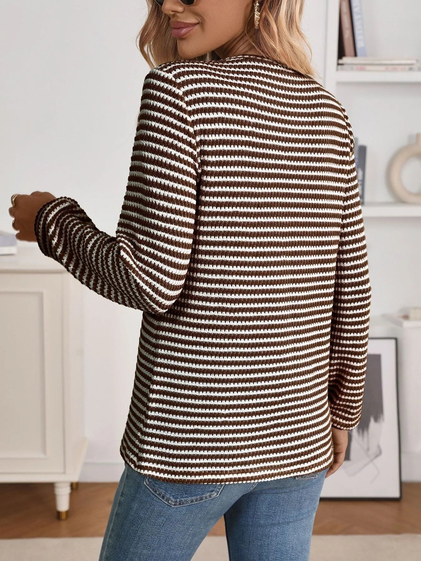 Striped Button Detail Long Sleeve Top