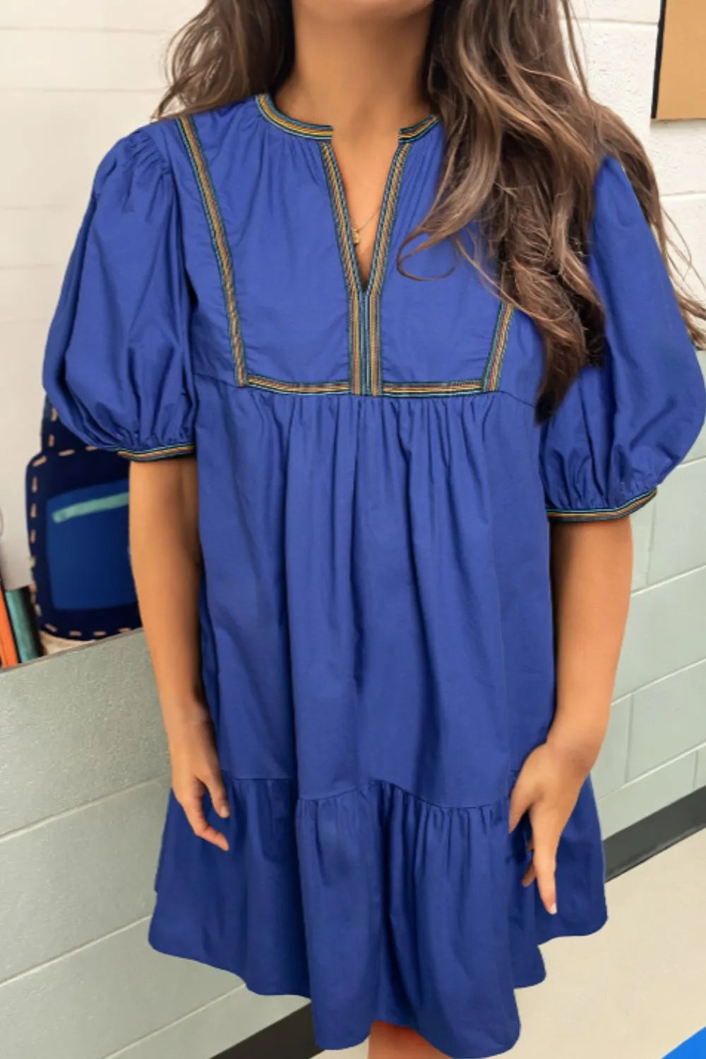 Notched Puff Sleeve Mini Dress