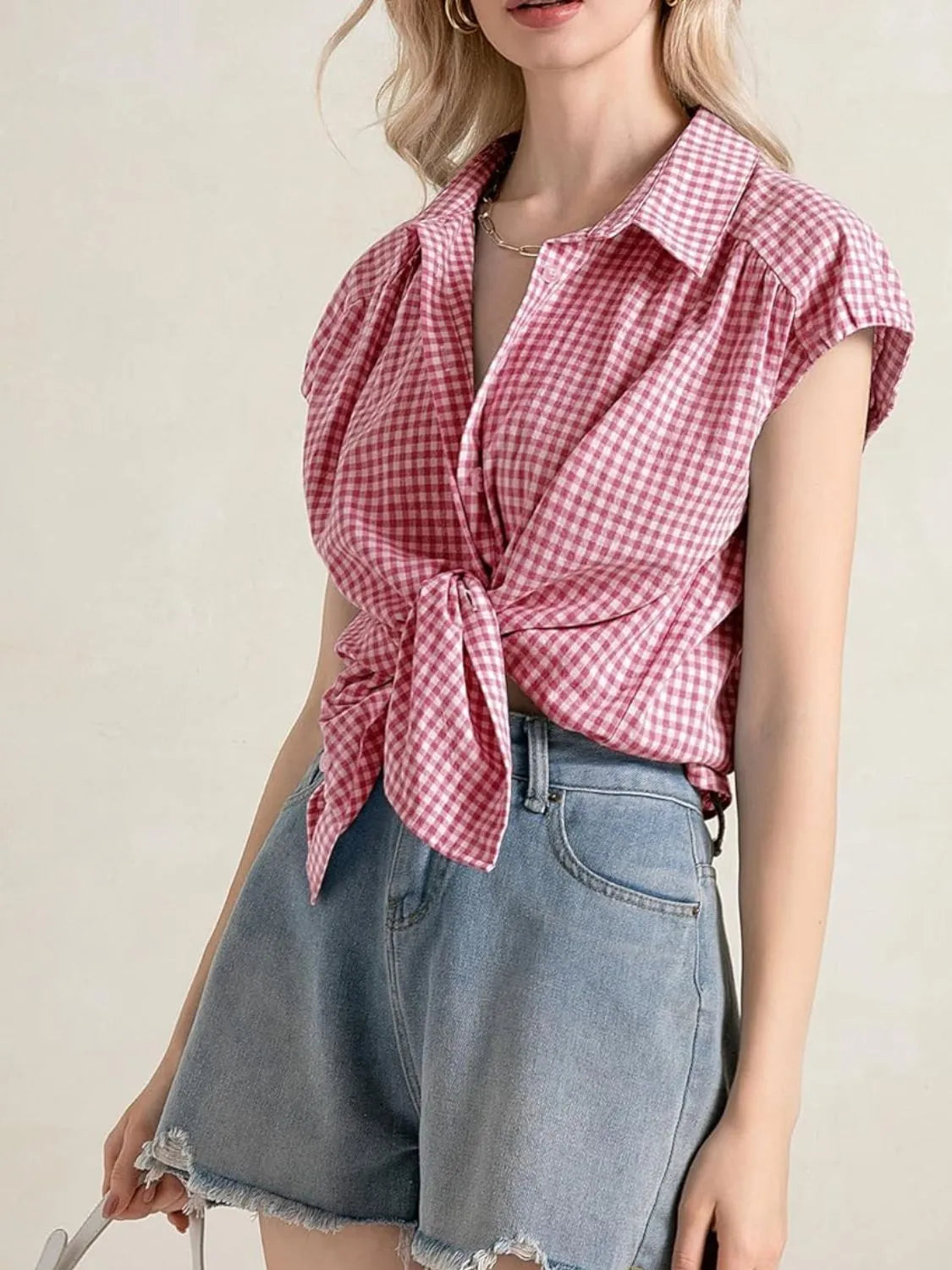 Plaid Button Up Cap Sleeve Shirt
