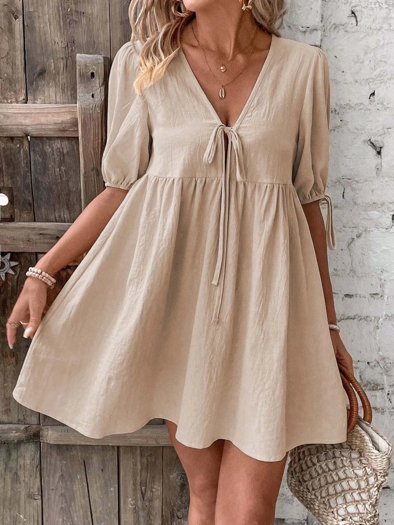 V-Neck Tie-Front Mini Dress with Puff Sleeves Khaki
