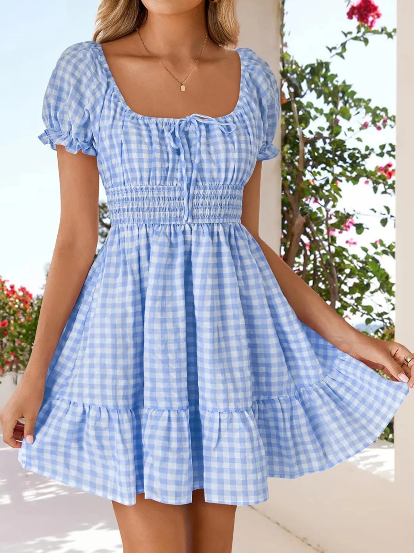 Gingham Smocked Puff Sleeve Summer Dress Blue